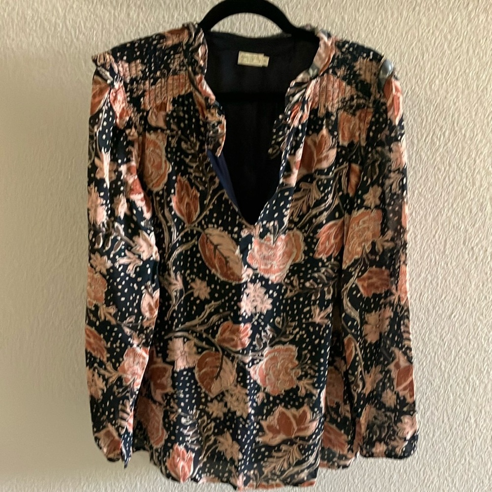 Women's Spartina 449 Smock Shoulder Ruffle Collar Top Navy, Coral Sz M - EUC